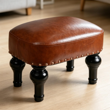 Vintage rectangular leather foot rest with solid wood frame, multi-use small ottoman for bedroom, living room, office and entryway