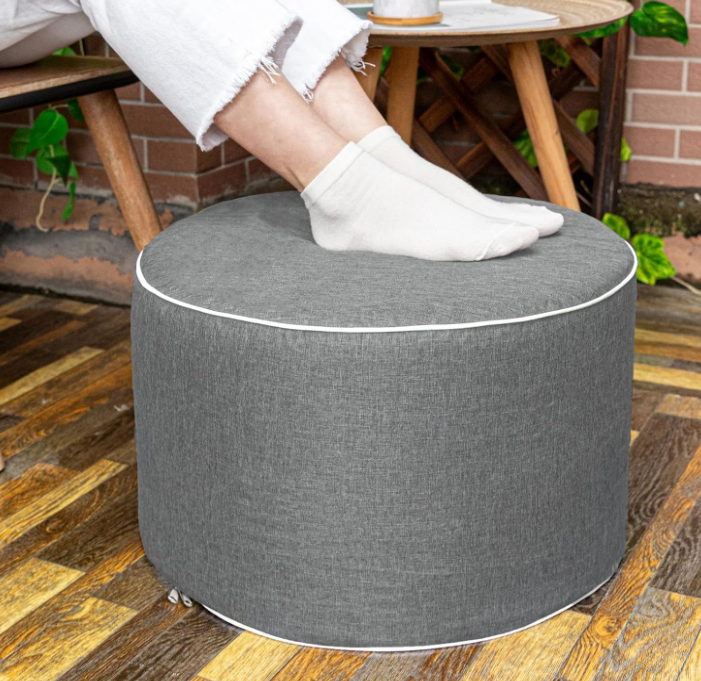 Waterproof outdoor fabric filled pouf foot stool, lightweight foam padded patio ottoman for courtyard and balcony